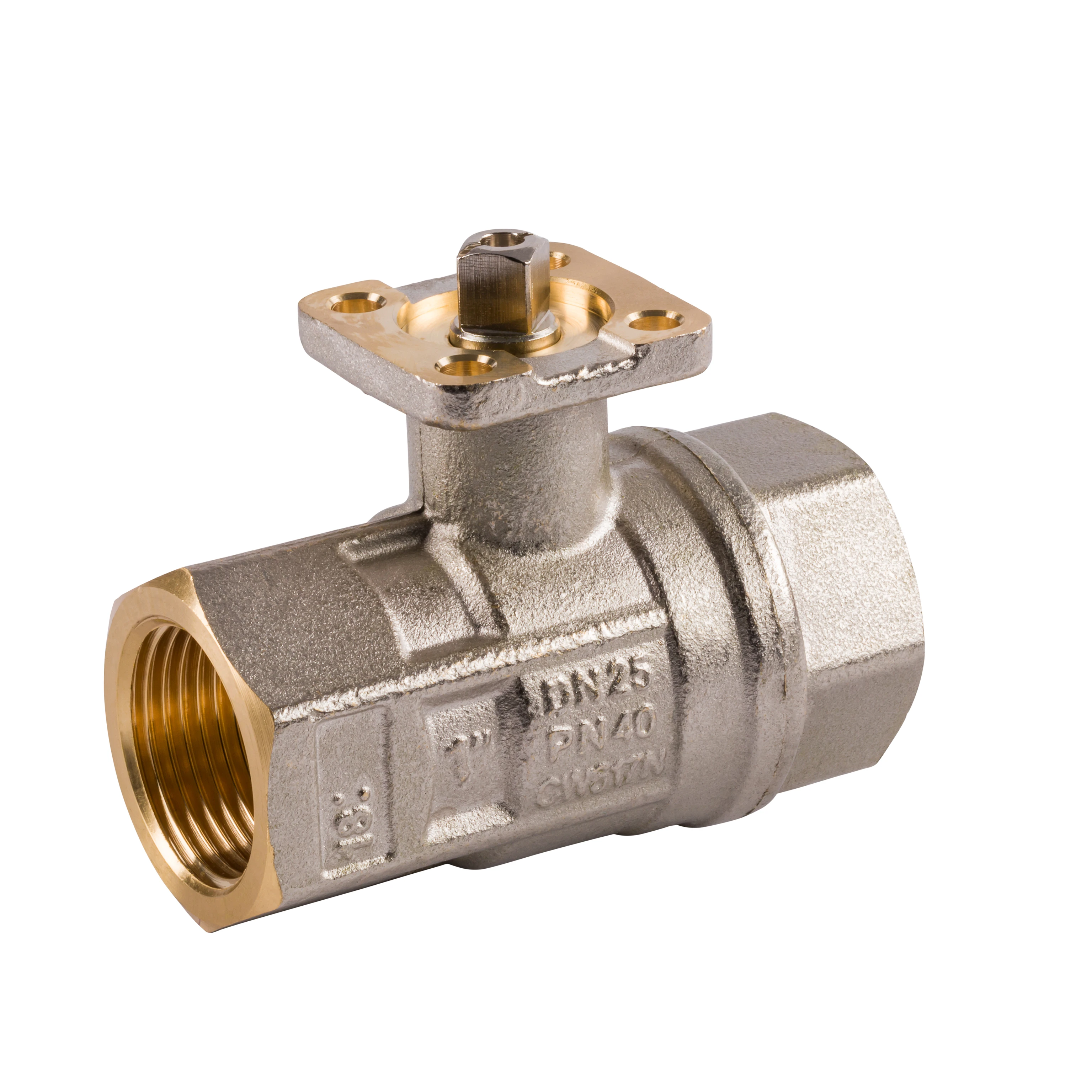 Kugelhahn Messing vernickelt mit Aufbauflansch ISO 5211 für Automation, Gewinde nach ISO 7-1, voller Durchgang, ohne Handhebel, RB 2500, Trigress Armaturen AG