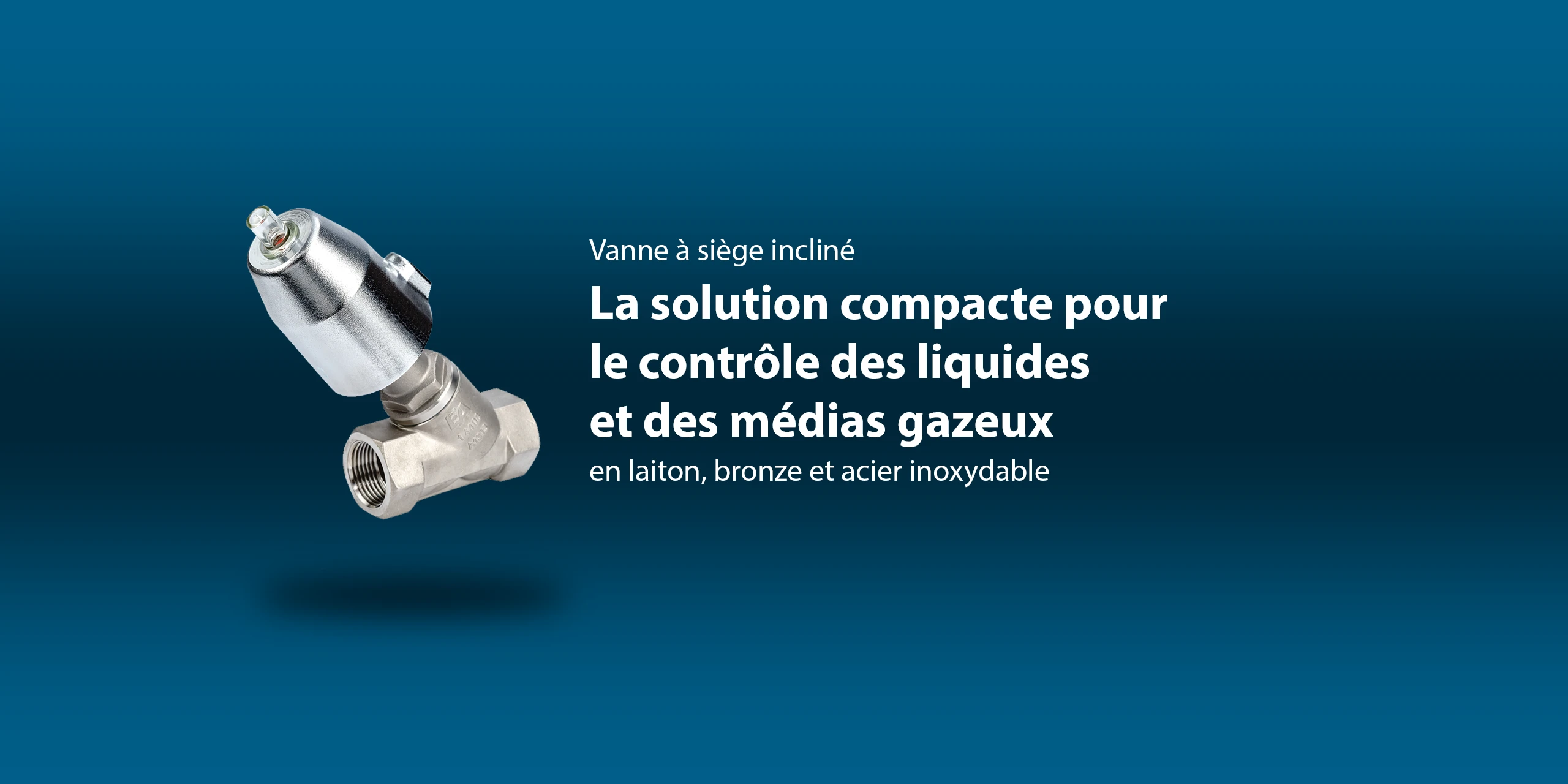 Vanne à siège incliné pneumatique compacte avec corps en acier inoxydable et actionneur cylindrique argenté pour le contrôle de processus industriels.