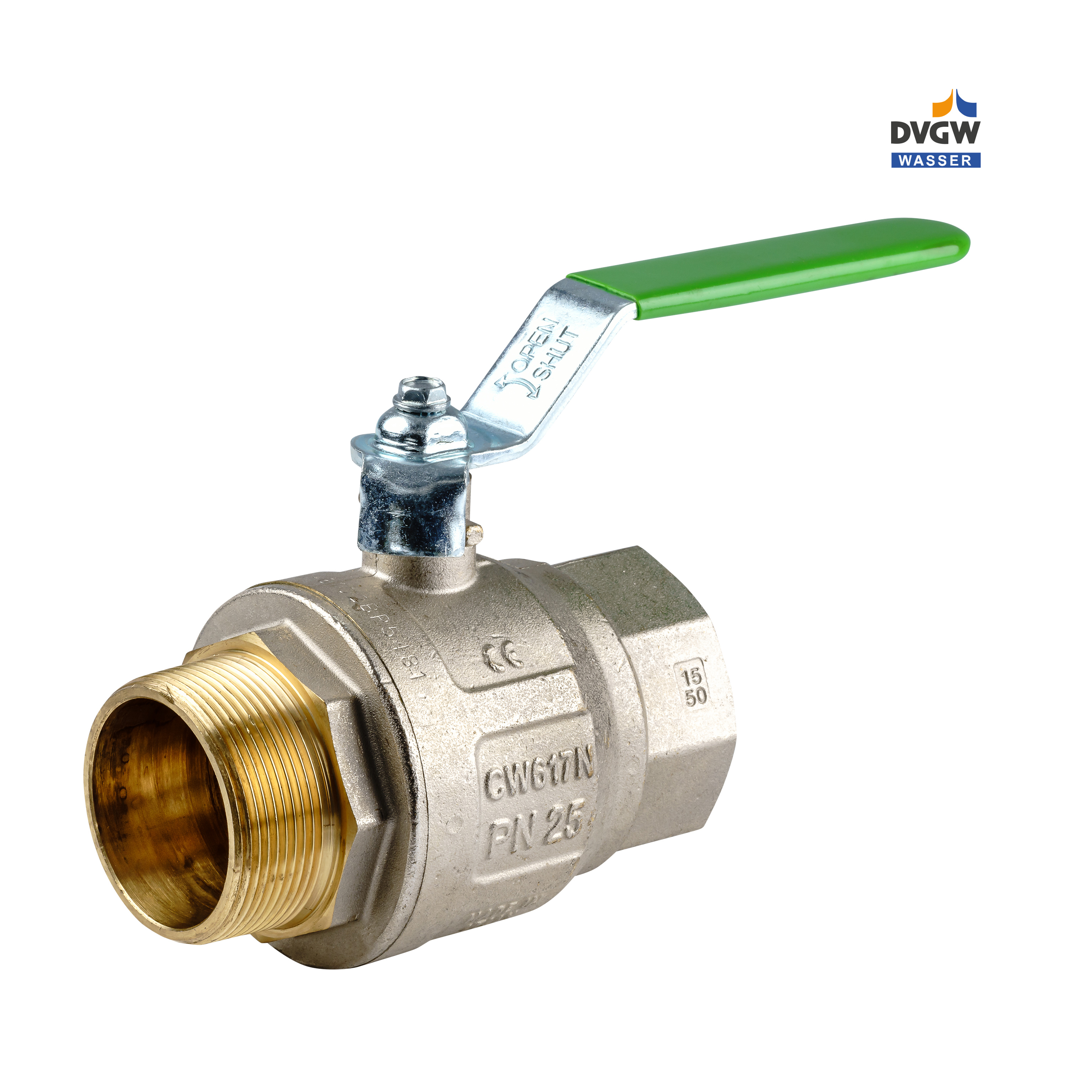 Kugelhahn Innen-Aussengewinde für Trinkwasser mit DVGW Zulassung und grünem Stahlband-Griff