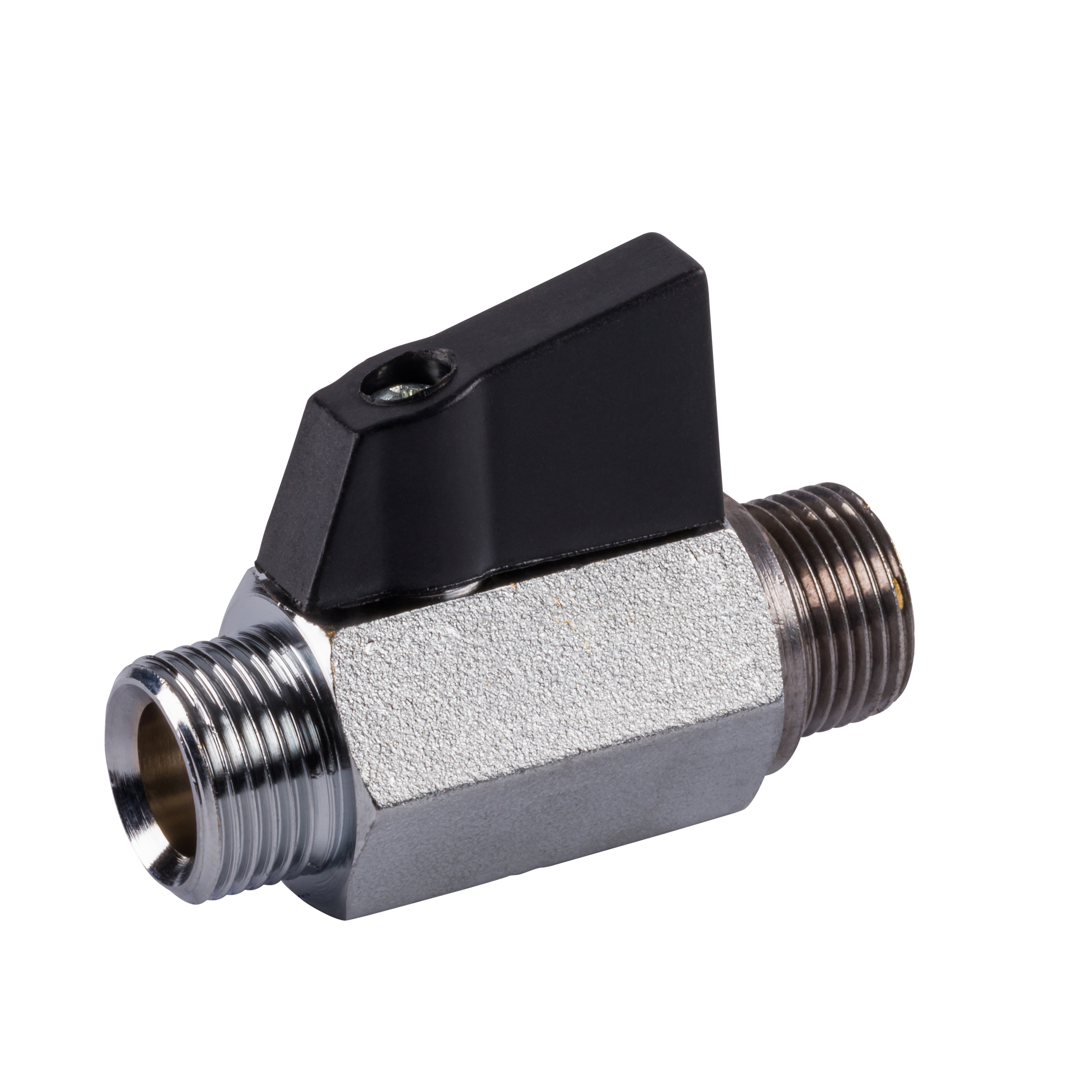Miniatur-Kugelhahn Aussengewinde für Druckluft und Industrie mit schwarzem Griff