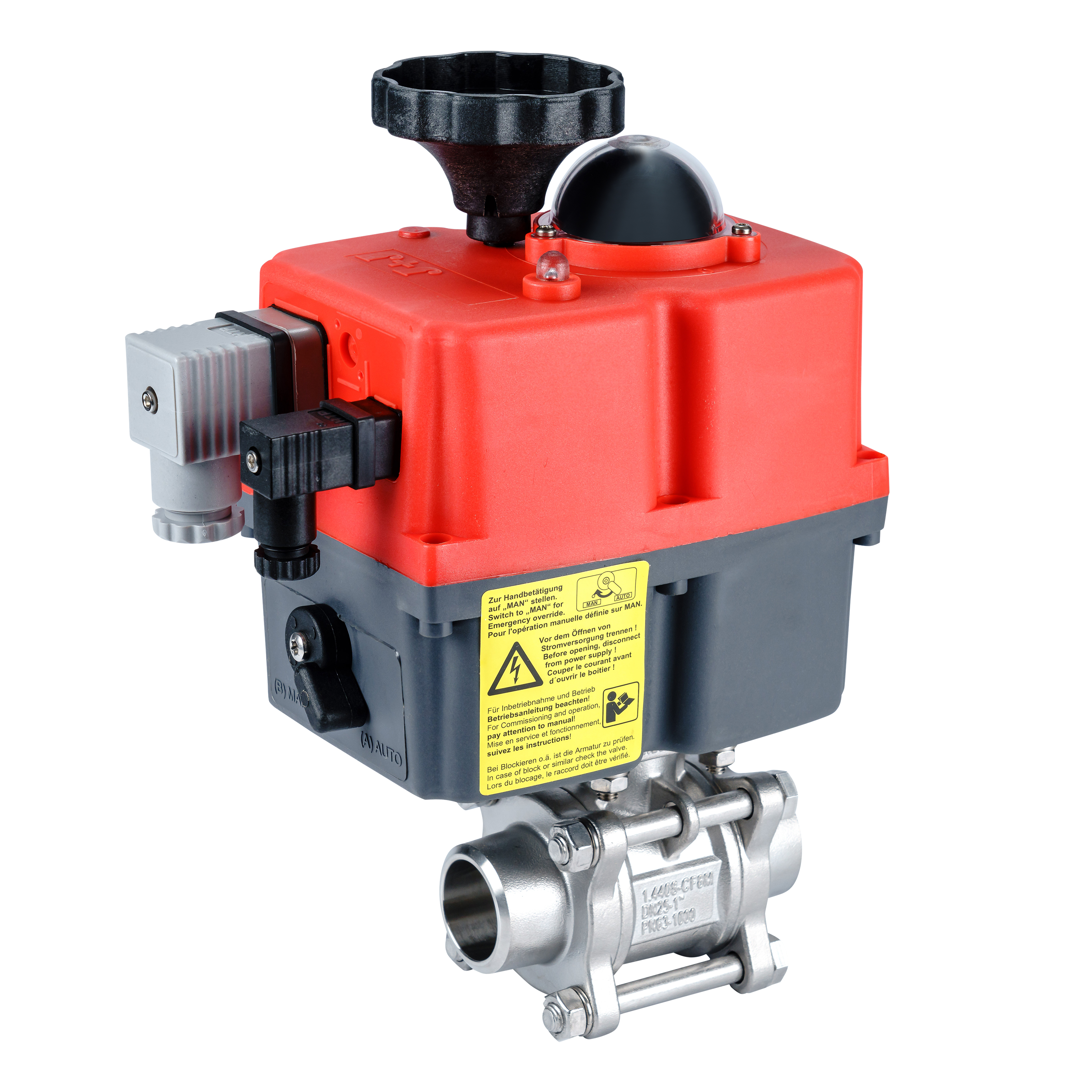 3-teiliger Edelstahl-Kugelhahn mit Gewinde und elektrischem Schwenkantrieb