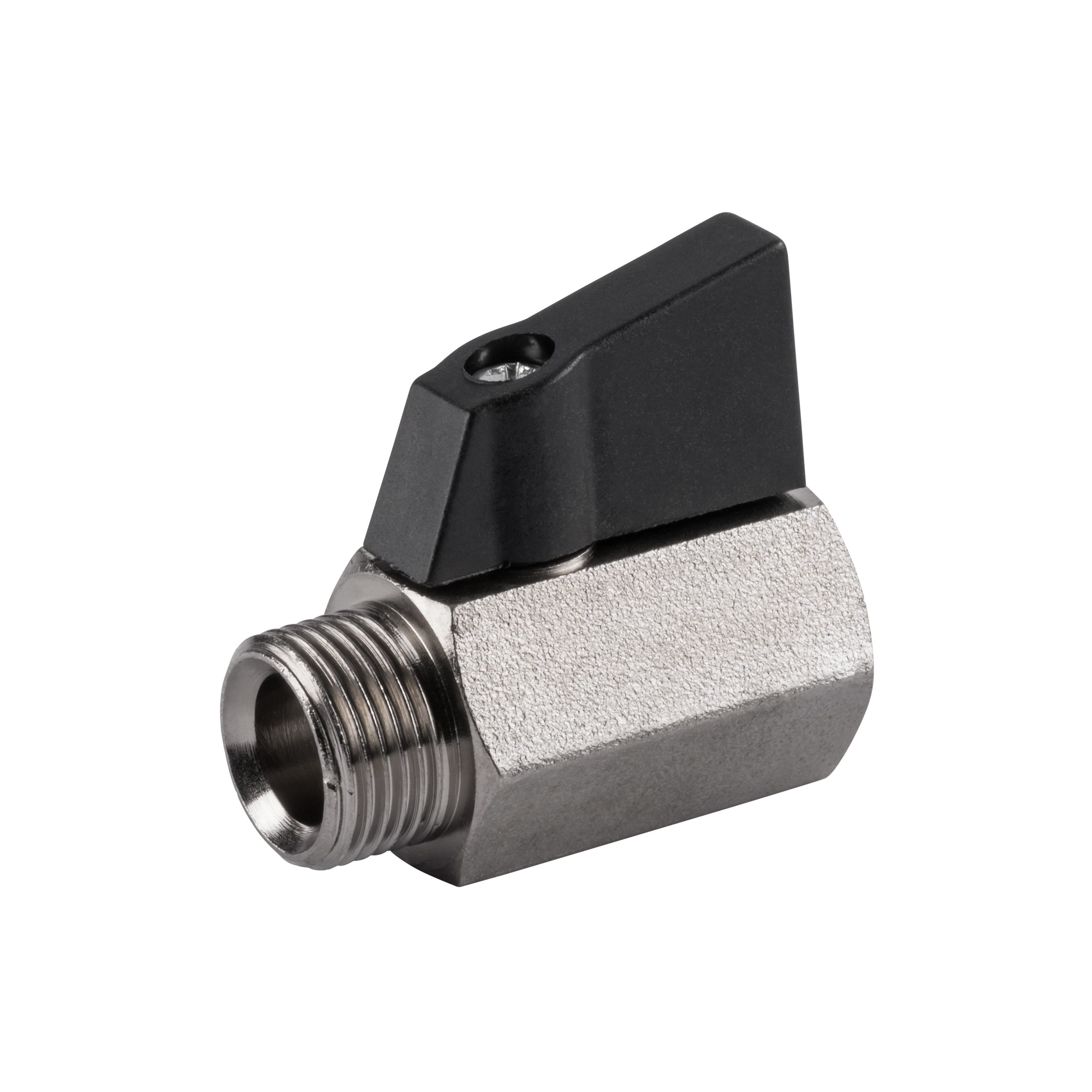 Miniatur-Kugelhahn Innen-Aussengewinde für Druckluft und Industrie mit schwarzem Griff