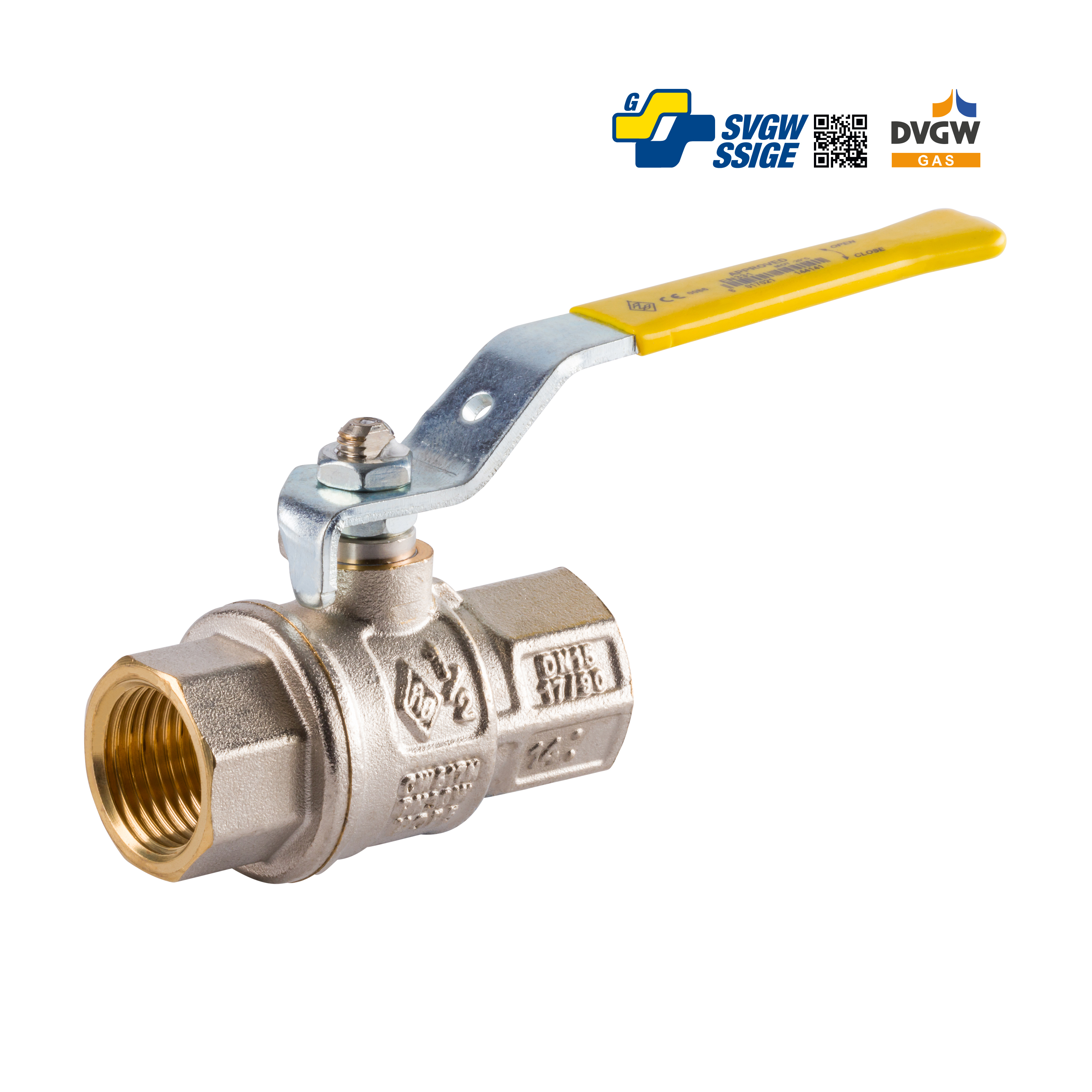 Gaskugelhahn Innengewinde für Stadtgas Propan-Luft Gemisch mit SVGSW Zulassung und gelbem Stahlband-Griff