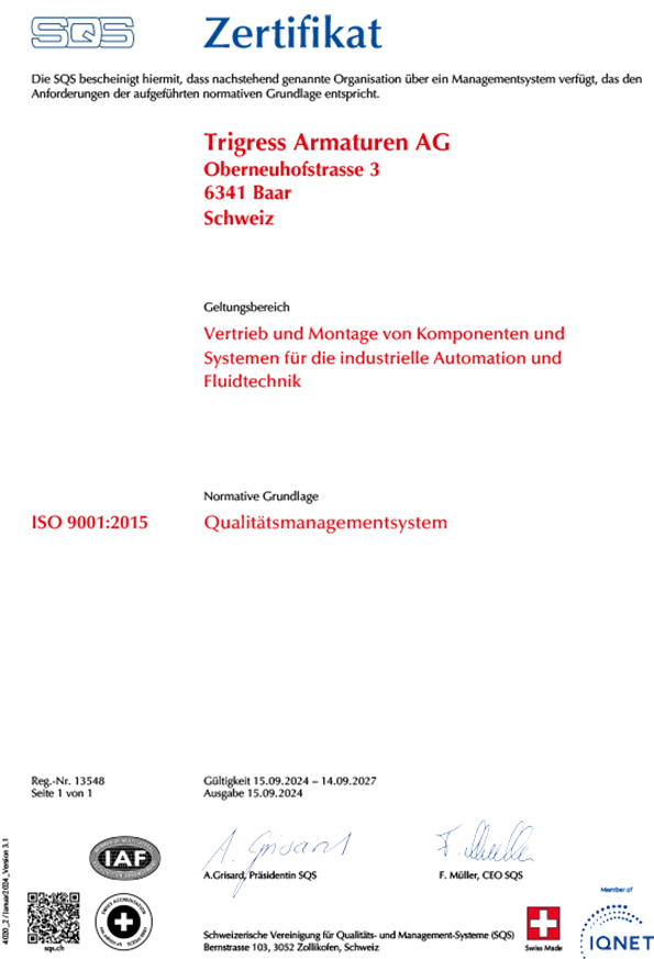 SQS-Zertifika von der Trigress Armaturen AG -  ISO 9001: 2015