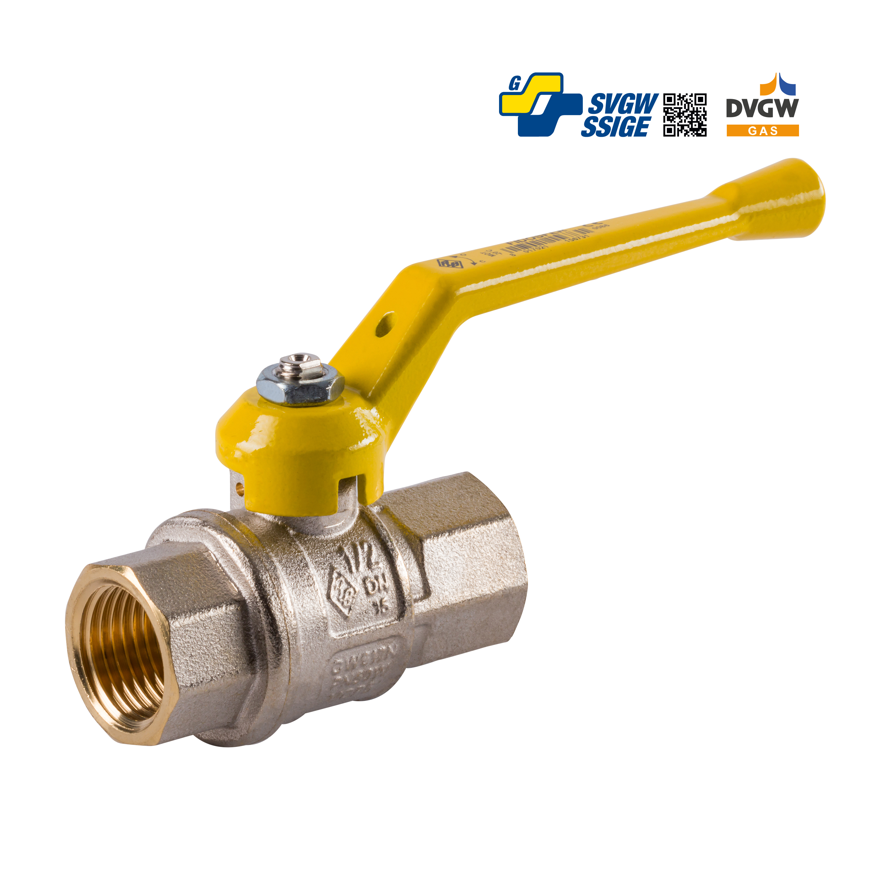 Gaskugelhahn Innengewinde für Stadtgas Propan-Luft Gemisch mit SVGSW Zulassung und gelbem Griff