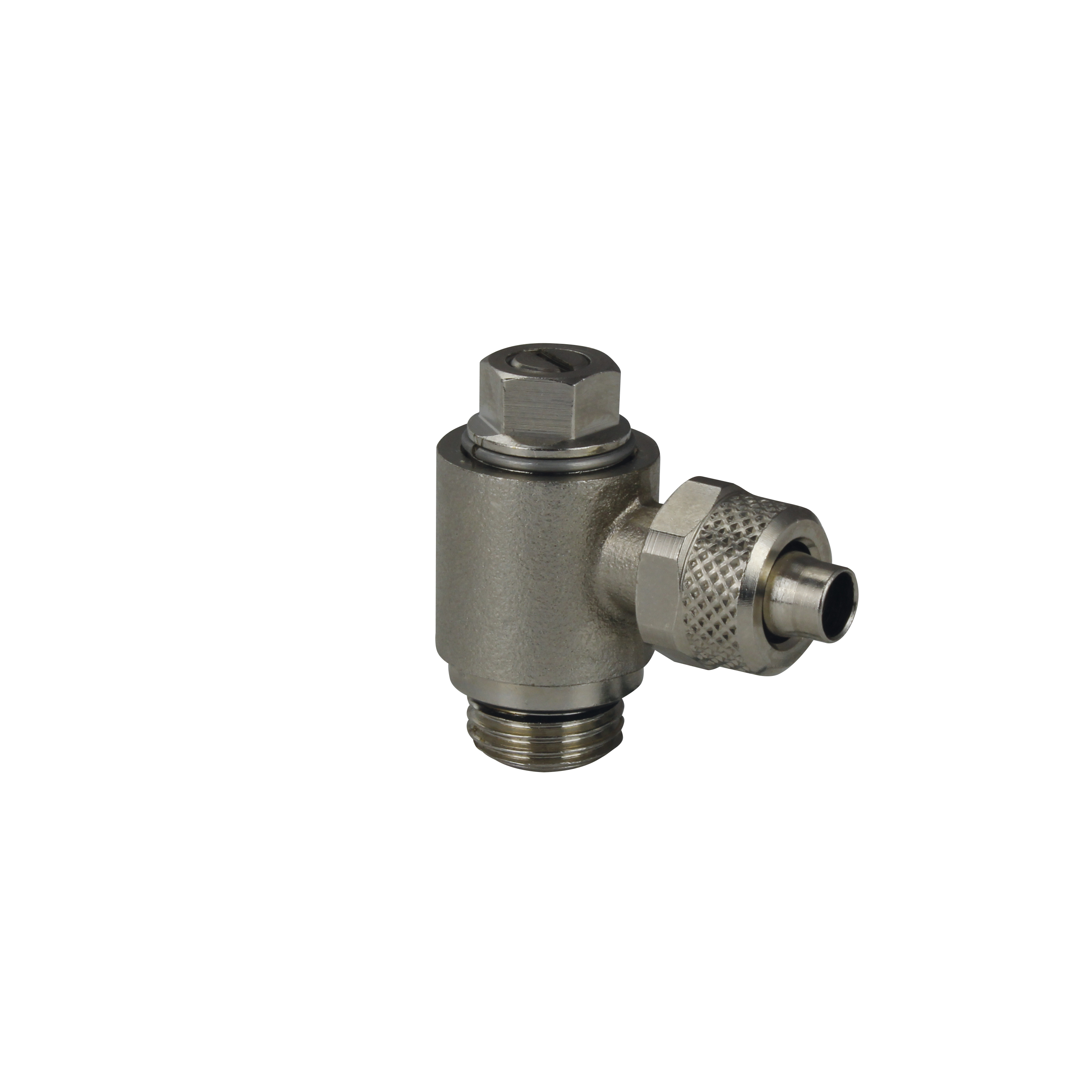 Drosselventil oder Drosselrueckschlagventil mit Schlitzschraube und Schlauchanschluss in Hohlschraubversion