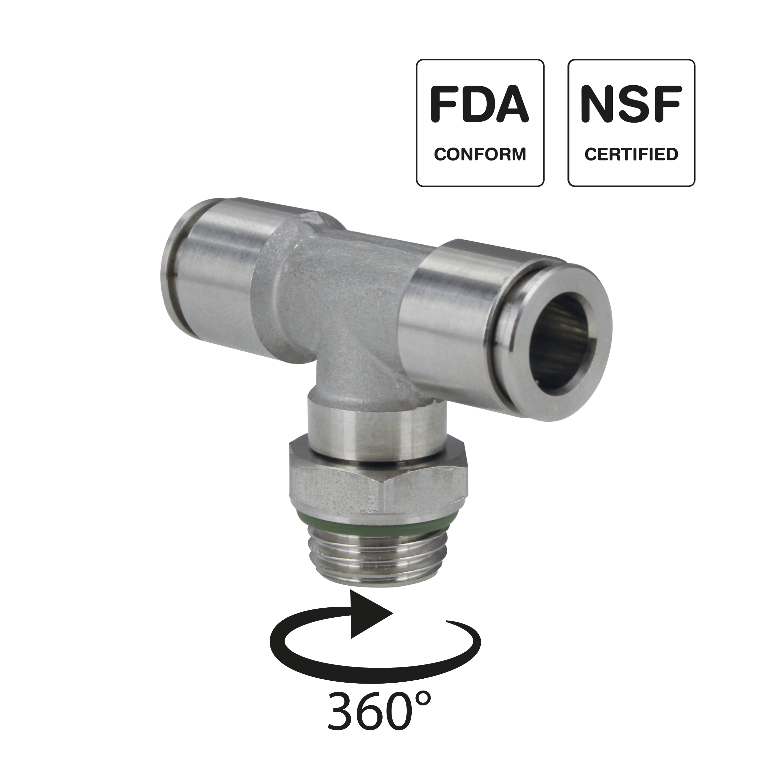 T-Schwenkverschraubung, zyl. mit O-Ring, Edelstahl 1.4404, Steckverschraubung Push-In, Trigress Armaturen AG