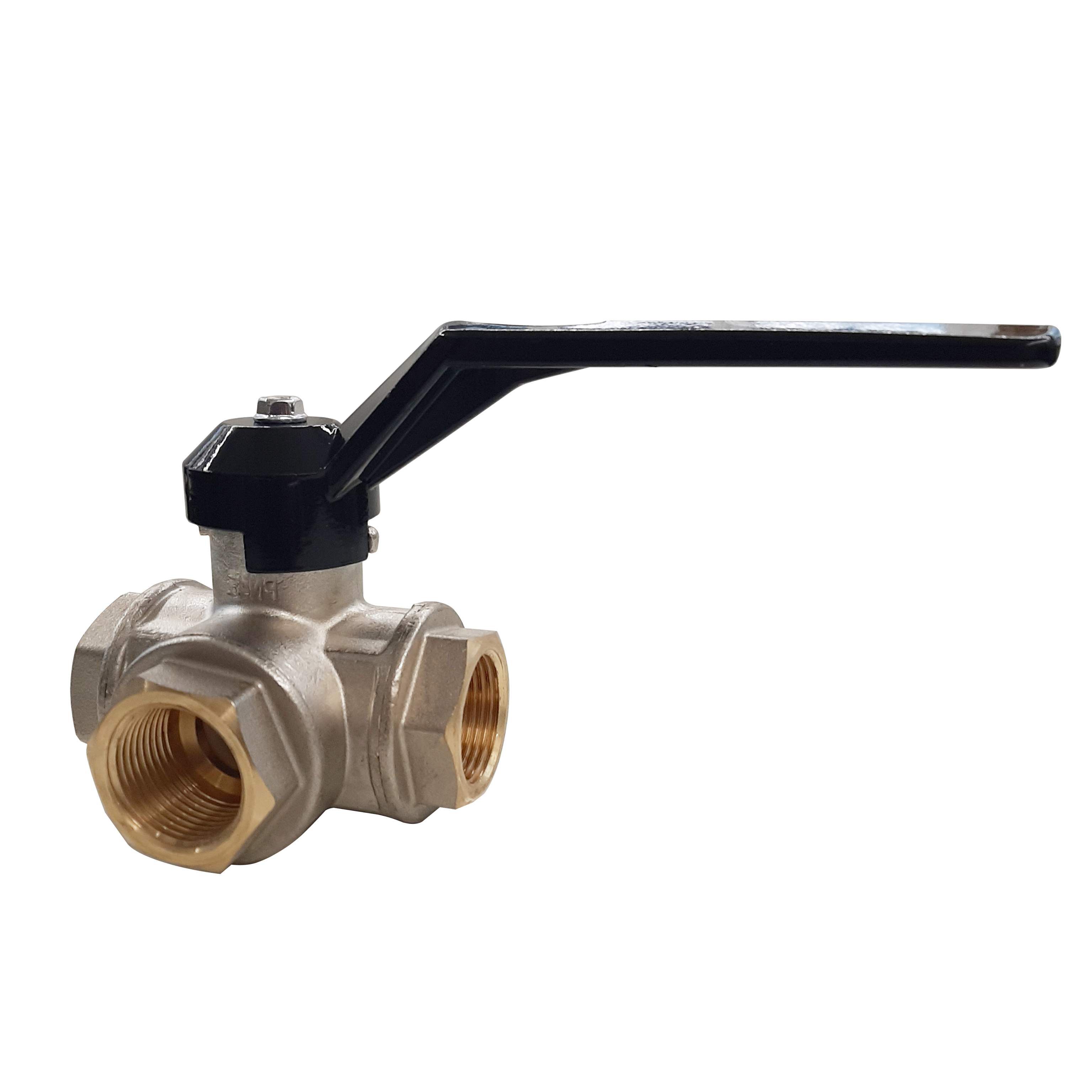 3-Wege Kugelhahn mit reduzierter Durchgang und Innengewinde für Druckluft und Industrie mit schwarzem Griff