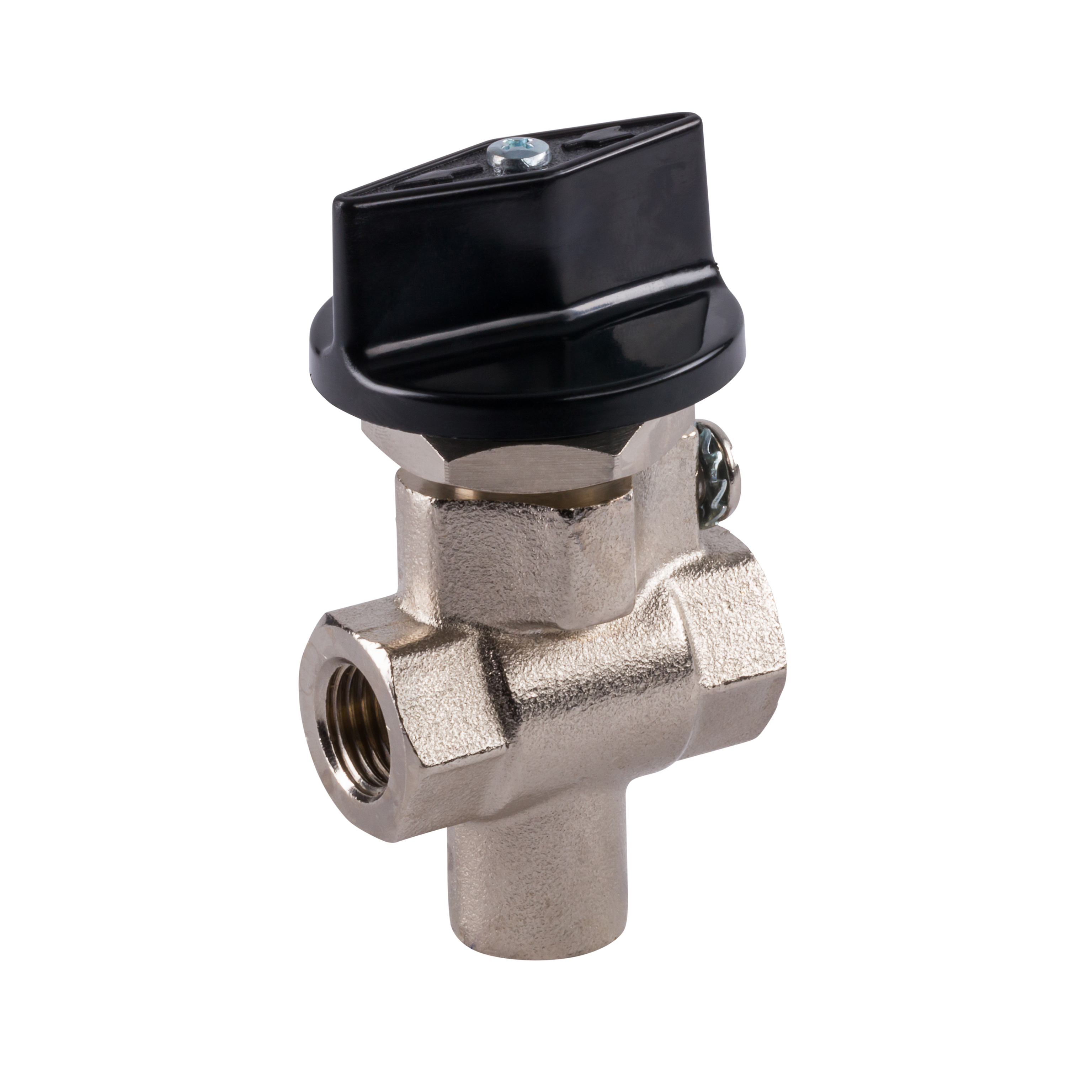 3-Wege Miniatur-Kugelhahn 180° Innengewinde für Druckluft und Industrie mit schwarzem Griff