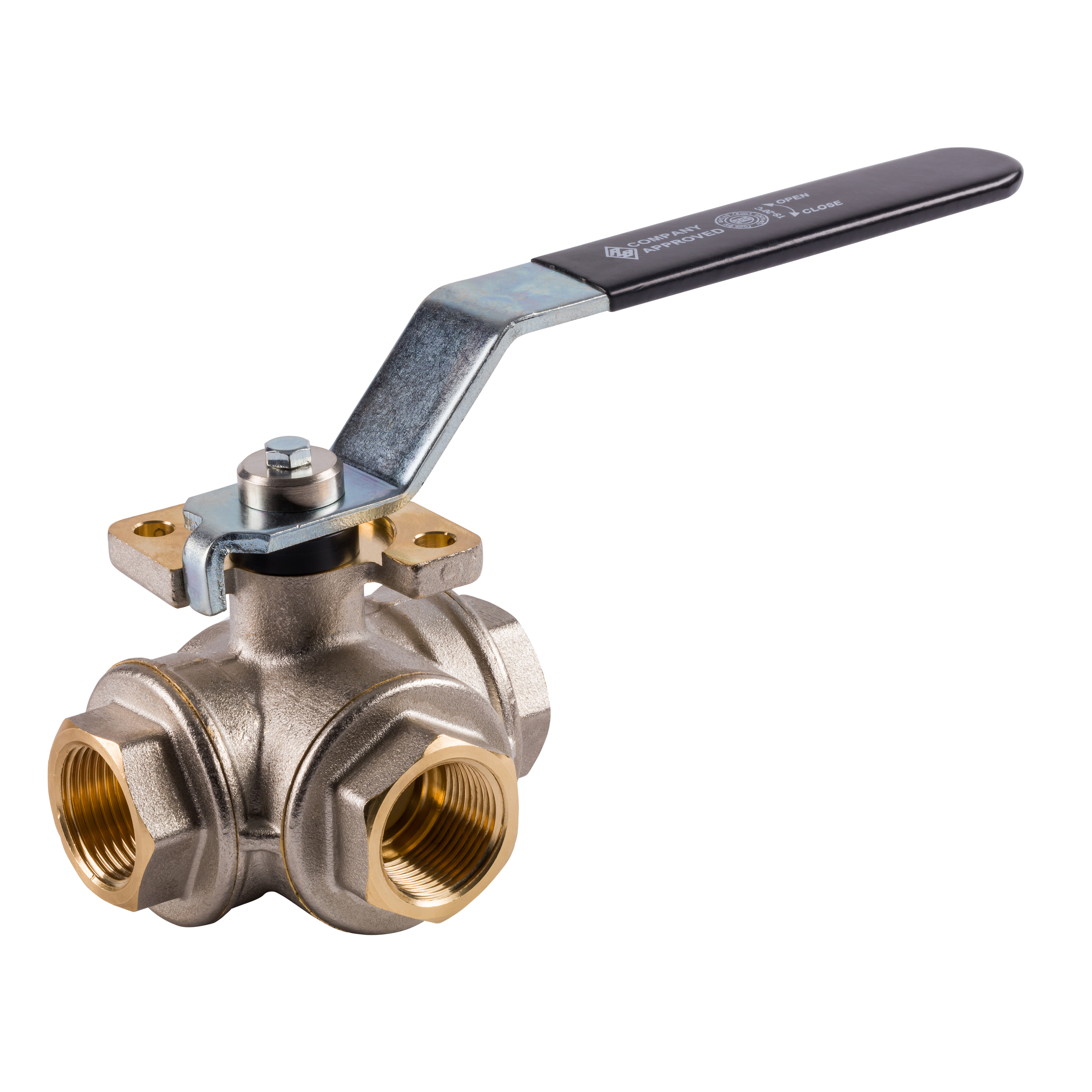 3-Wege Kugelhahn mit vollem Durchgang und Innengewinde für Druckluft und Industrie mit schwarzem Griff