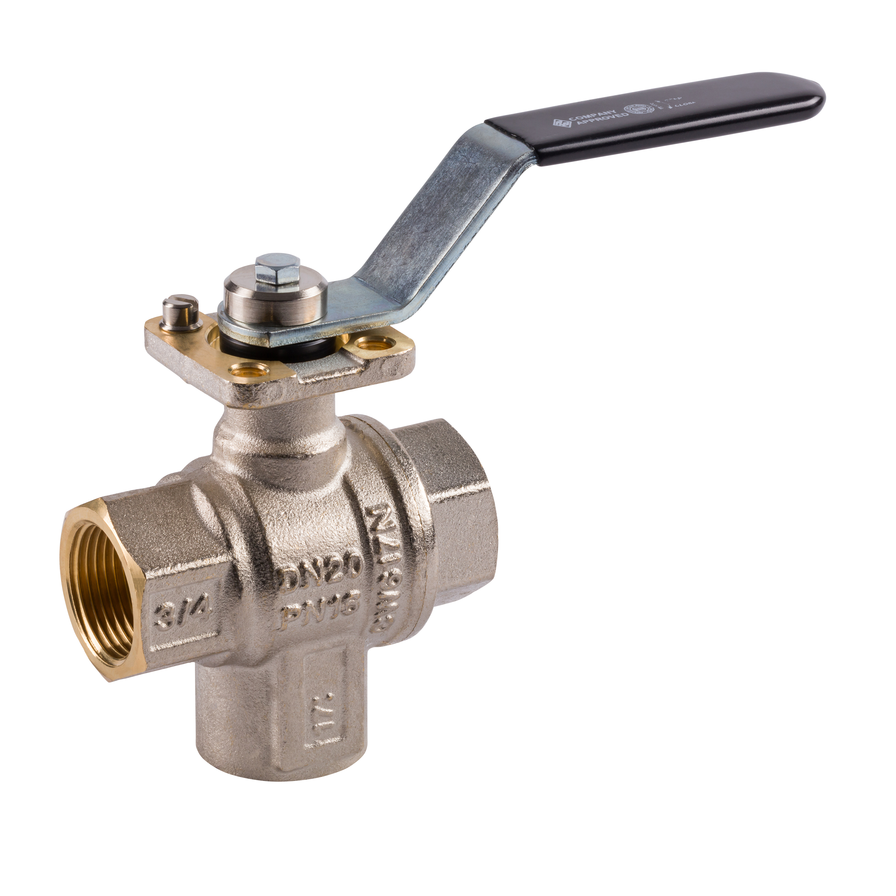 3-Wege Kugelhahn 180° Innengewinde für Druckluft und Industrie mit schwarzem Stahlband-Griff