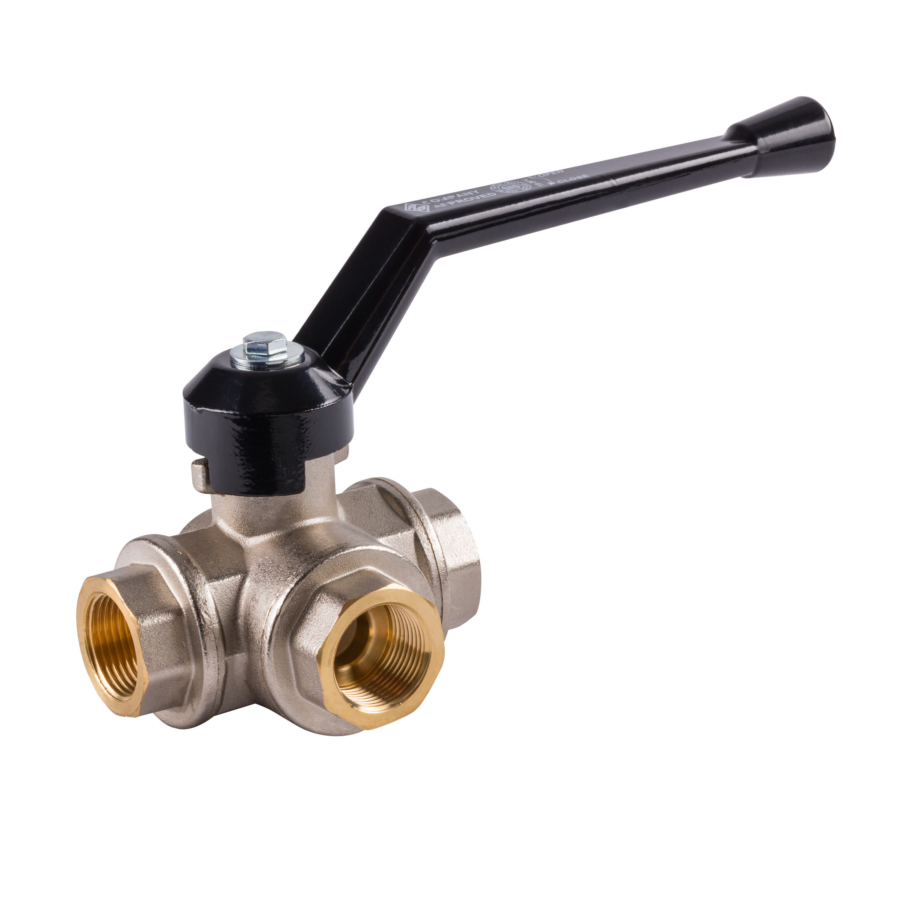 3-Wege Kugelhahn mit reduzierter Durchgang und Innengewinde für Druckluft und Industrie mit schwarzem Griff